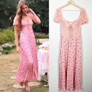 Lait Collection Womens Coquette Pink Lace and Floral Satin Maxi Dress Large